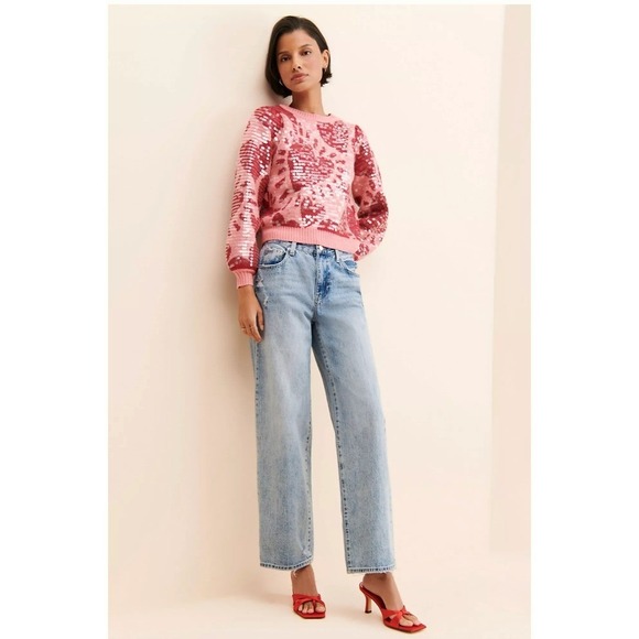 Farm Rio Sequin Hearts Knit Sweater Small Pink Red Wool Blend Love Puff Sleeves - Picture 4 of 14